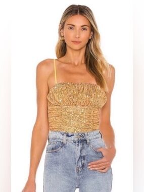 Free People “Ta Da” Gold Smocked Sequin Cami Size S